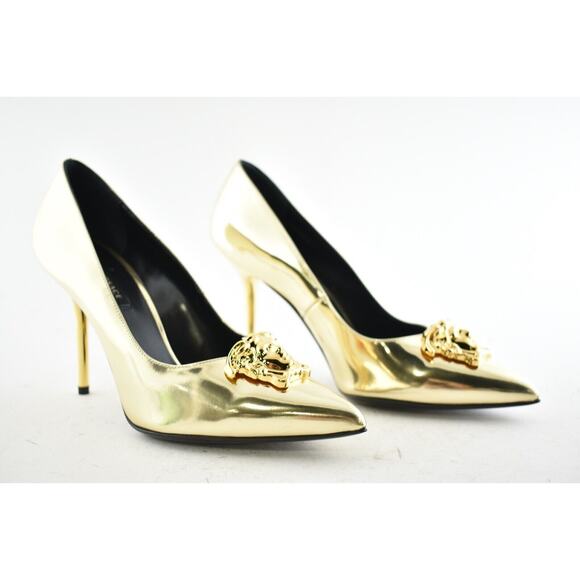 Versace Medusa Head Palazzo Tribute Gold Metallic Patent Leather Heel Pump 38 - Picture 5 of 8